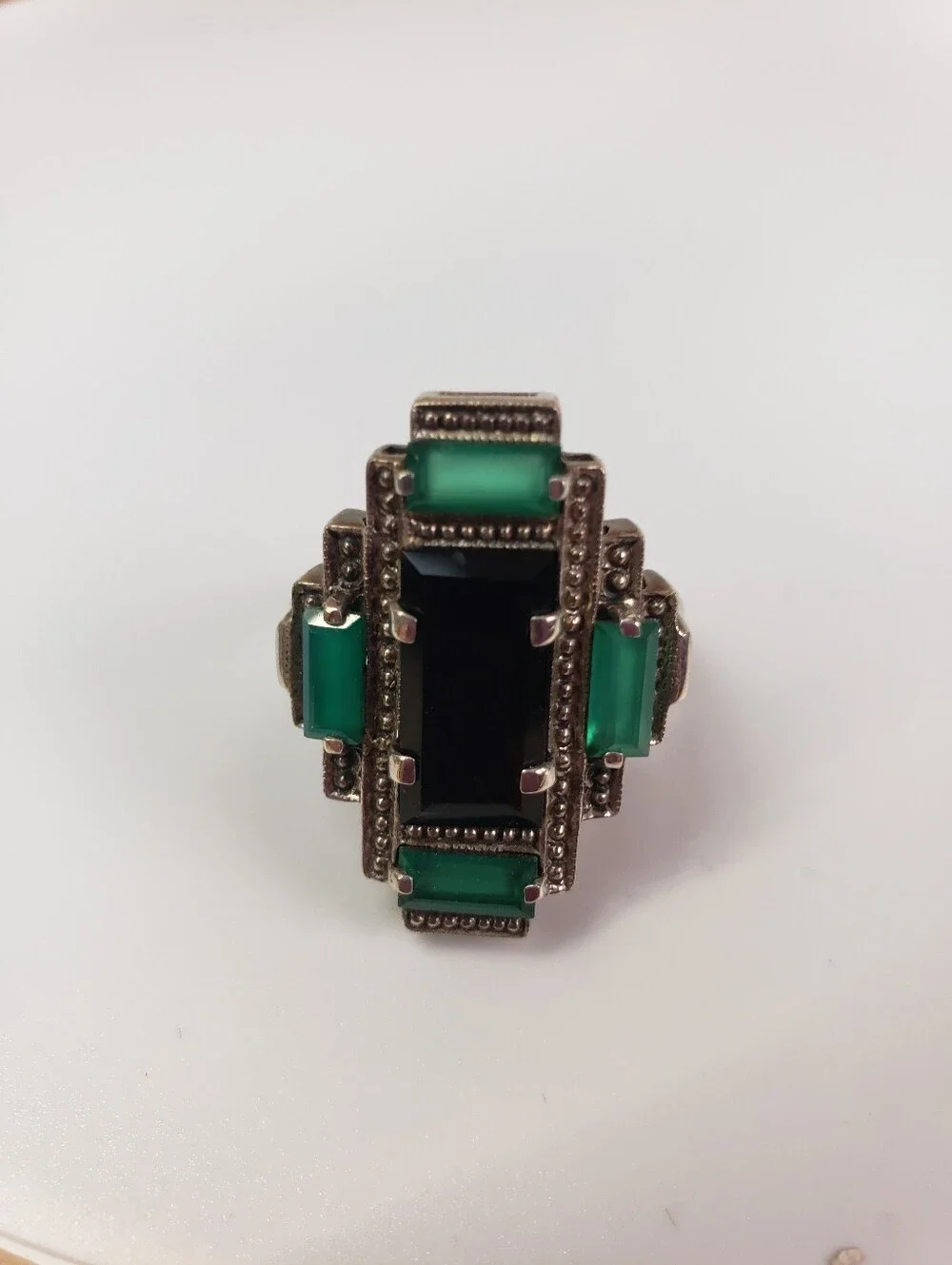 Nicky Butler Sterling Silver Art Deco Style Ring Onyx Green Chalcedony Size 10.5